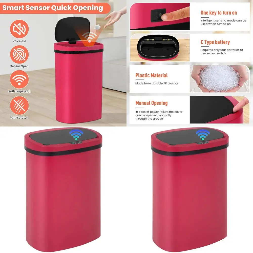 

13 Gallon Touchless Sensor Trash Can - 50L Hygienic, Odor-Controlled Waterproof Waste Bin for Kitchen, Bathroom, and Office (Red