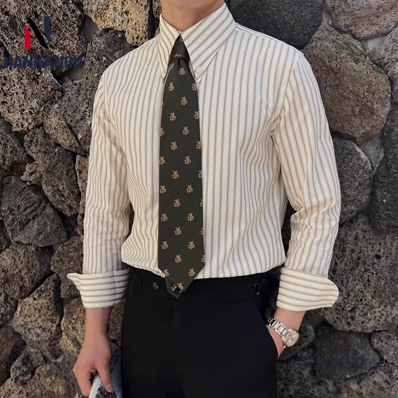 Men's Vintage Striped Long-sleeved Shirt, Slim-fit Pointed Collar Versatile Business Wrinkle-free Dress Shirt.2024  High Quality