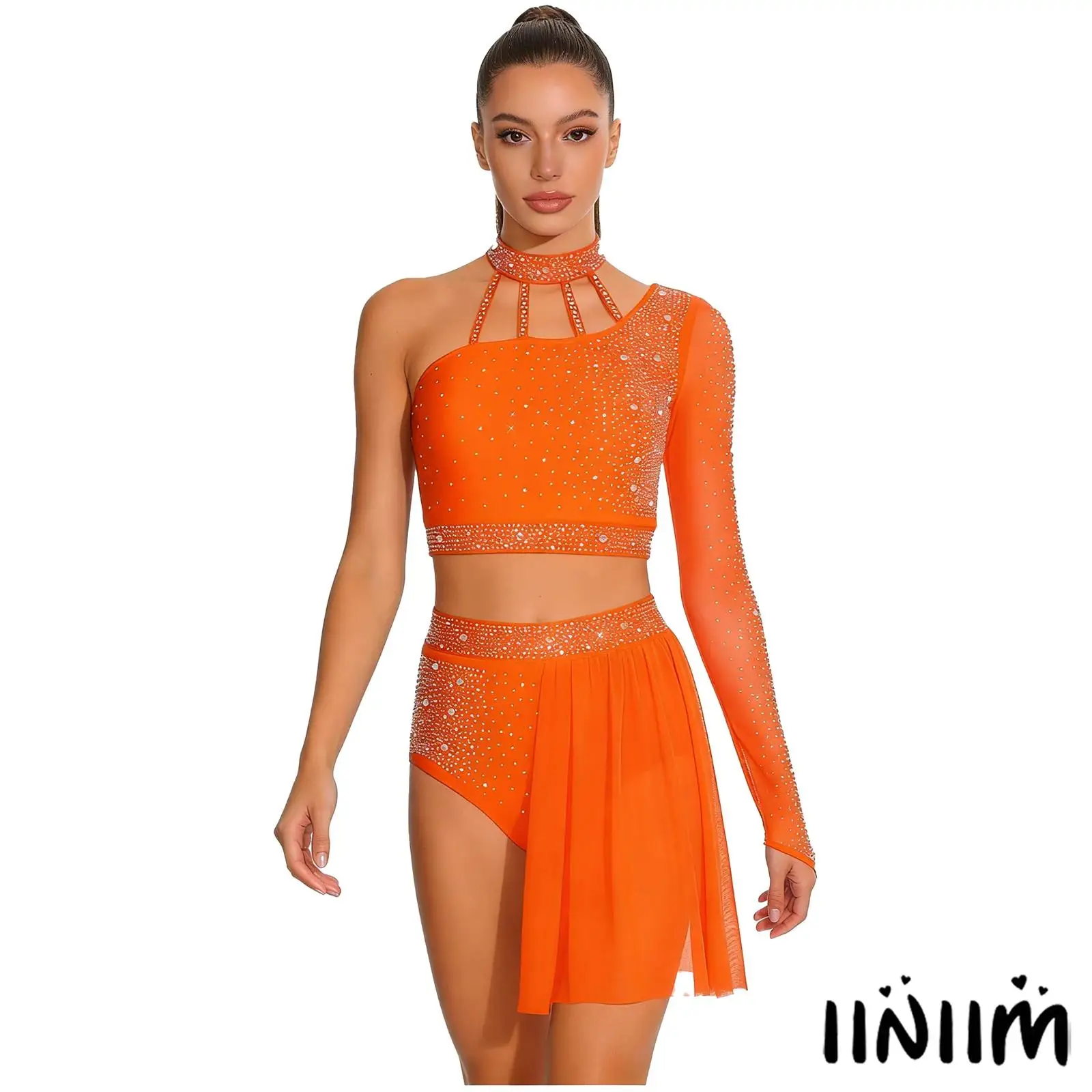 

Women Latin Dance Outfit Halter Stappy Back Asymmetrical Single Long Sleeve Crop Top+Mesh Skirt Shorts Latin Salsa Dance Costume