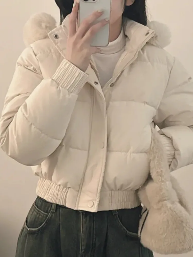 Chaqueta Corta de Invierno para Mujer, Estilo Pan, uesa y a la Moda, con Capucha y Cuello de Piel, Manga Larga, Abrigo Cáli...