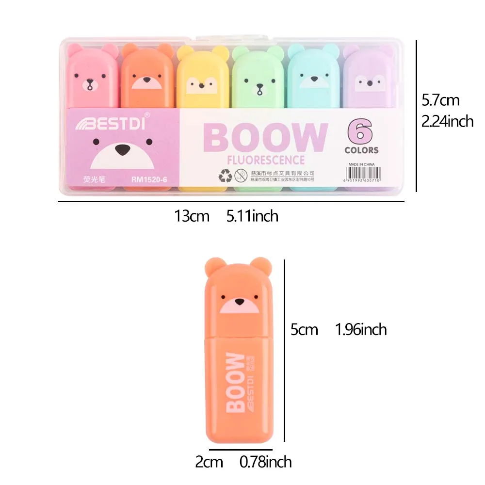 MOTARRO 6 قطعة Kawaii الدب هيغليغتر أقلام لطيف القرطاسية علامات طرف مائل لون الحلوى الفلورسنت قلم باستيل اللوازم المدرسية