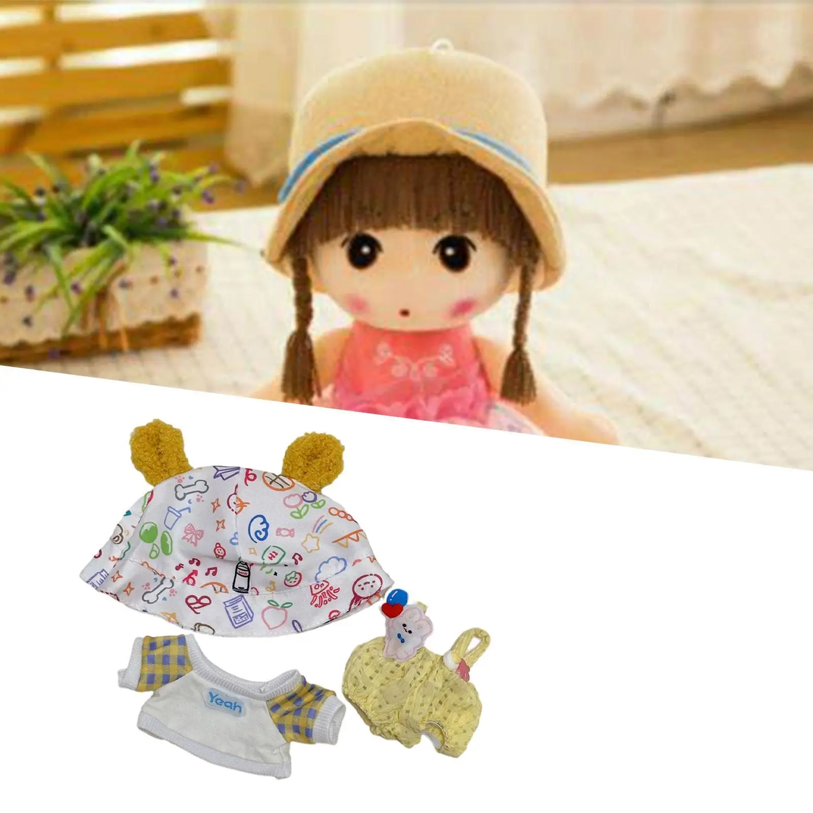 Doll Romper Clothes with Hood and Hat for 20cm Plush Toys Cute Educational Dress Up Set for Kids
