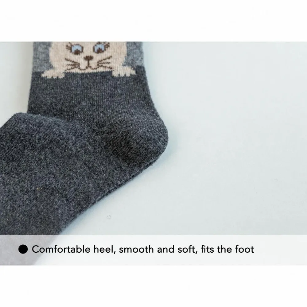 5 Pairs Cotton Cartoon Cat Socks Jacquard Elastic Cuff Animal Pattern Socks Breathable Fabric Skin-Friendly Cotton Crew Socks