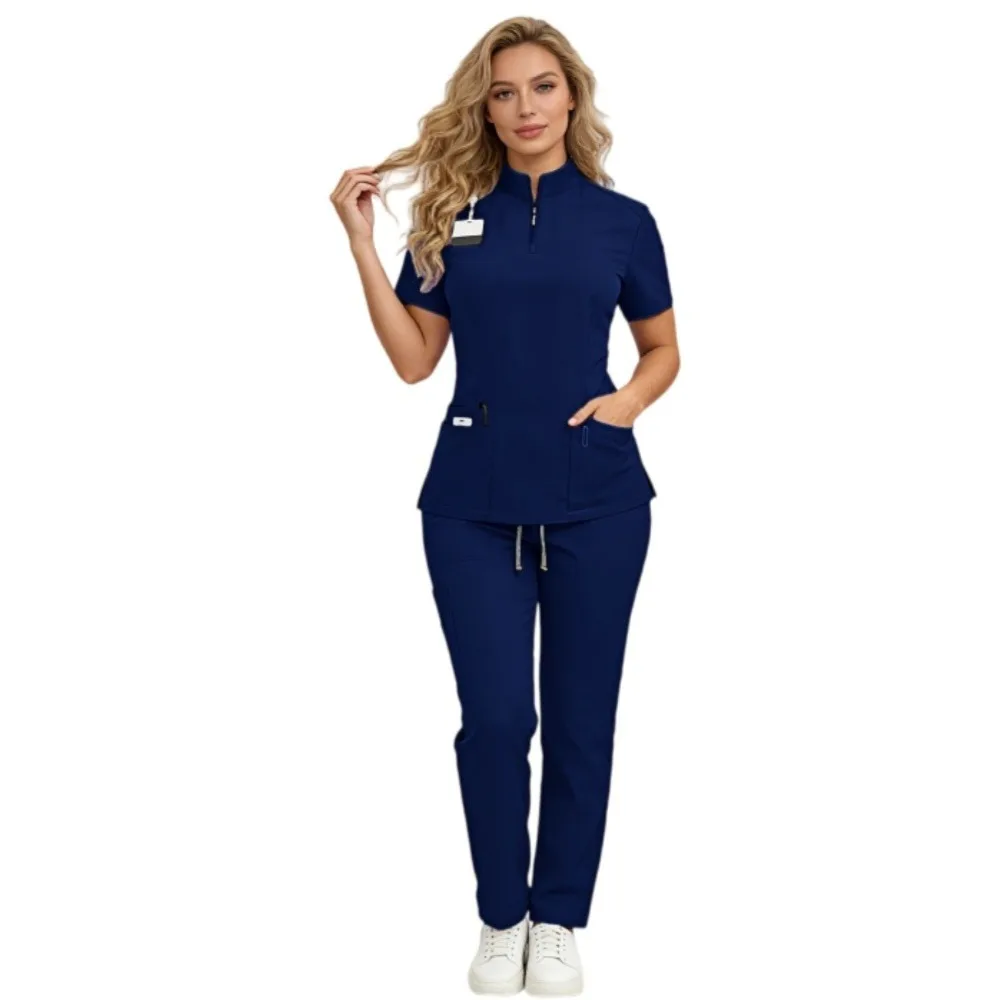 Womens Fashion Work Uniform Set Stand Collar Top & Drawstring Cuffed Jogger Pants, Soft Stretch 2 Piece Workwear in 4 Colors view 2