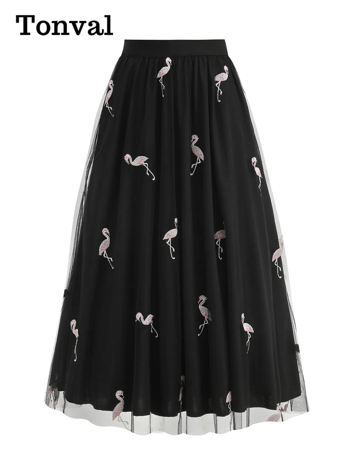 

Tonval Vintage Women's Flamingo Embroidered Mesh Elegant Skirt Elastic Waist Casual Pleated Luxury Long Skirts
