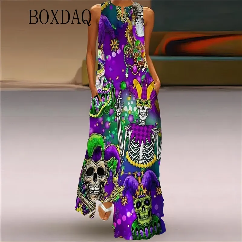 Mardi Gras Y'All Carnival Party Women Dress 2025 Sexy Sleeveless V-neck Print Long Dress Casual Evening Maxi Dresses Summer Robe — zdjęcie 6