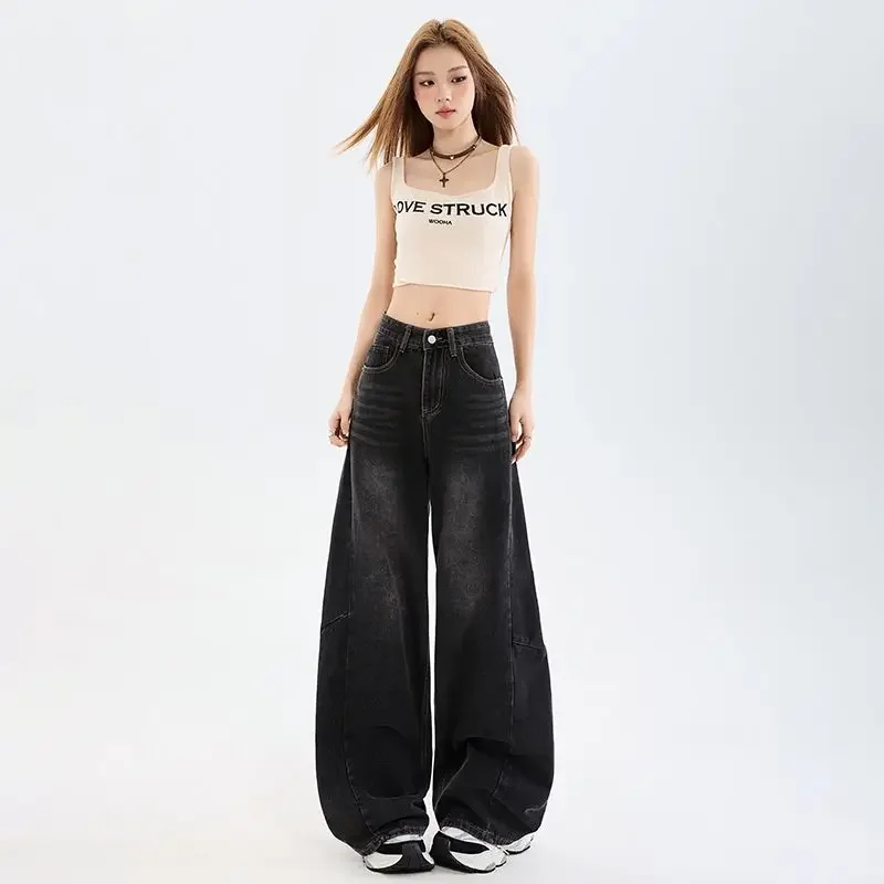 

Y2k Jeans Women New Black Gray American Wide Leg Loose Fit Summer Slim Design Straight Long Trousers