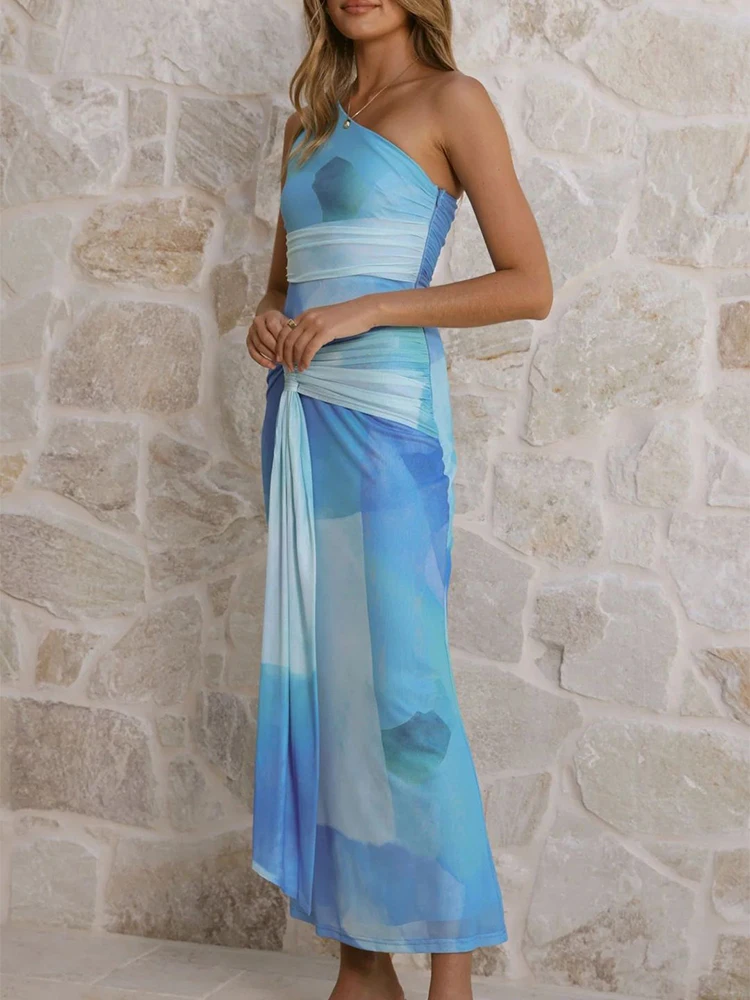 

Floral Print Sleeveless Lace Up Casual Dress Bohemian Women's Diagonal Neck Long Dress Sexy Asymmetrical Slim Fit Holiday Dress