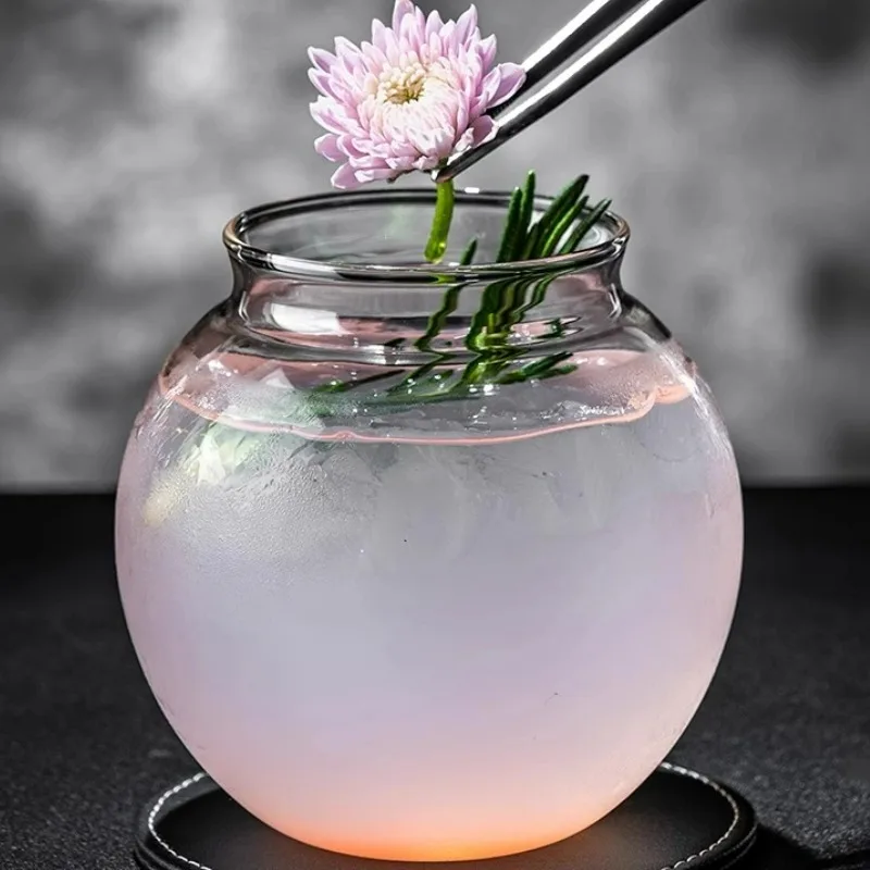 Creative Cocktail Glasses Cups Flat Bottom Round Ball Cup Transparent Cold Drink Glass Moon-shaped Juice Cup Bar Accessories