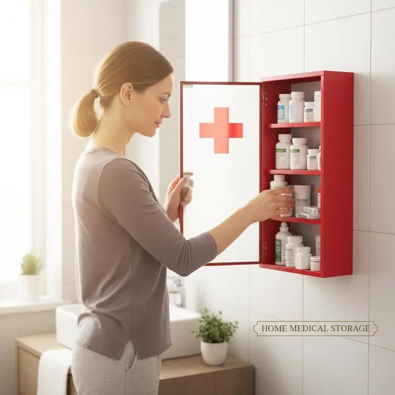 Armoire à pharmacie 3 étagères 4 niveaux verrouillable Porte en verre trempé dépoli Logo Croix 30L x 12L x 60H cm Acier Rouge
