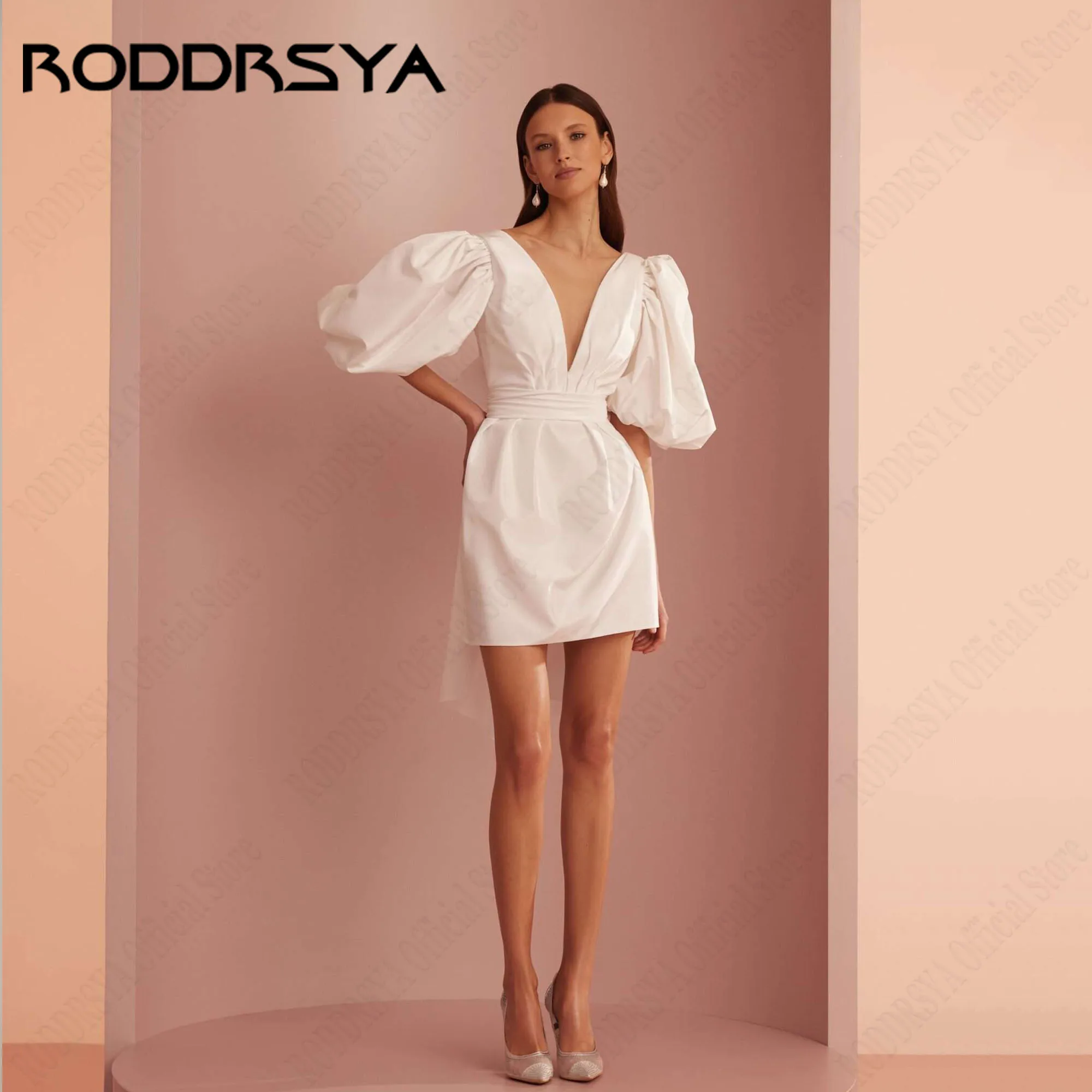 

RODDRSYA Short Puff Sleeve Wedding Dress V-Neck Backless Bow Simple Satin Bride Gowns Mermaid Mini vestidos de novia Customized