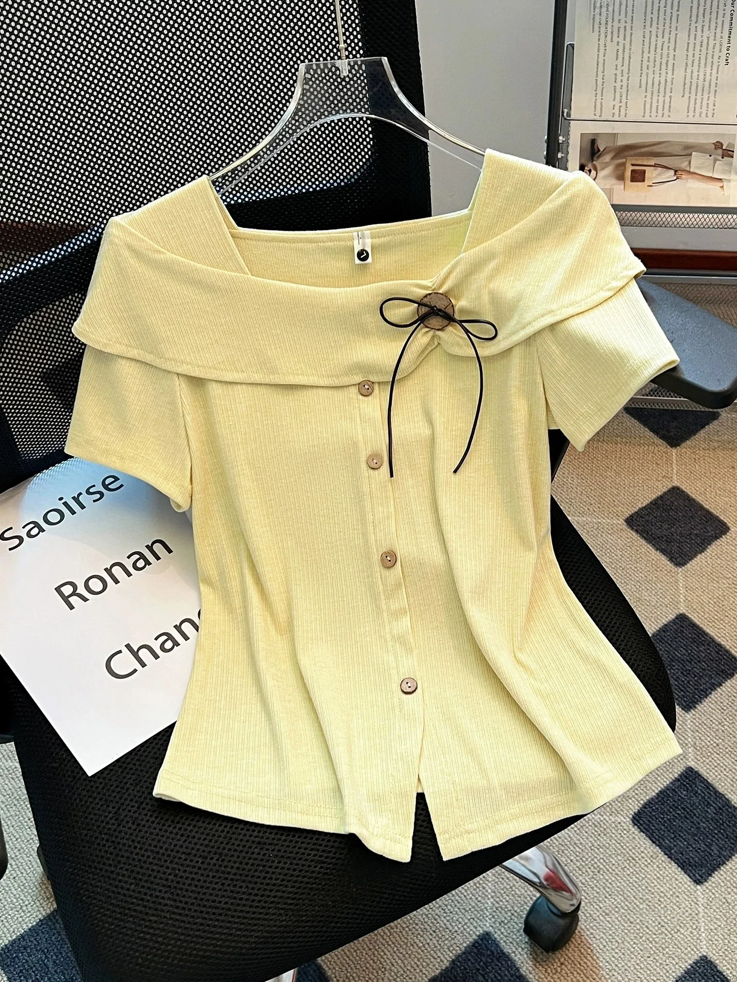 Stylish Versatile One-Shoulder Short-Sleeve T-Shirt Women's Summer Fashionable Breathable Skin-Caring High-Waist Design