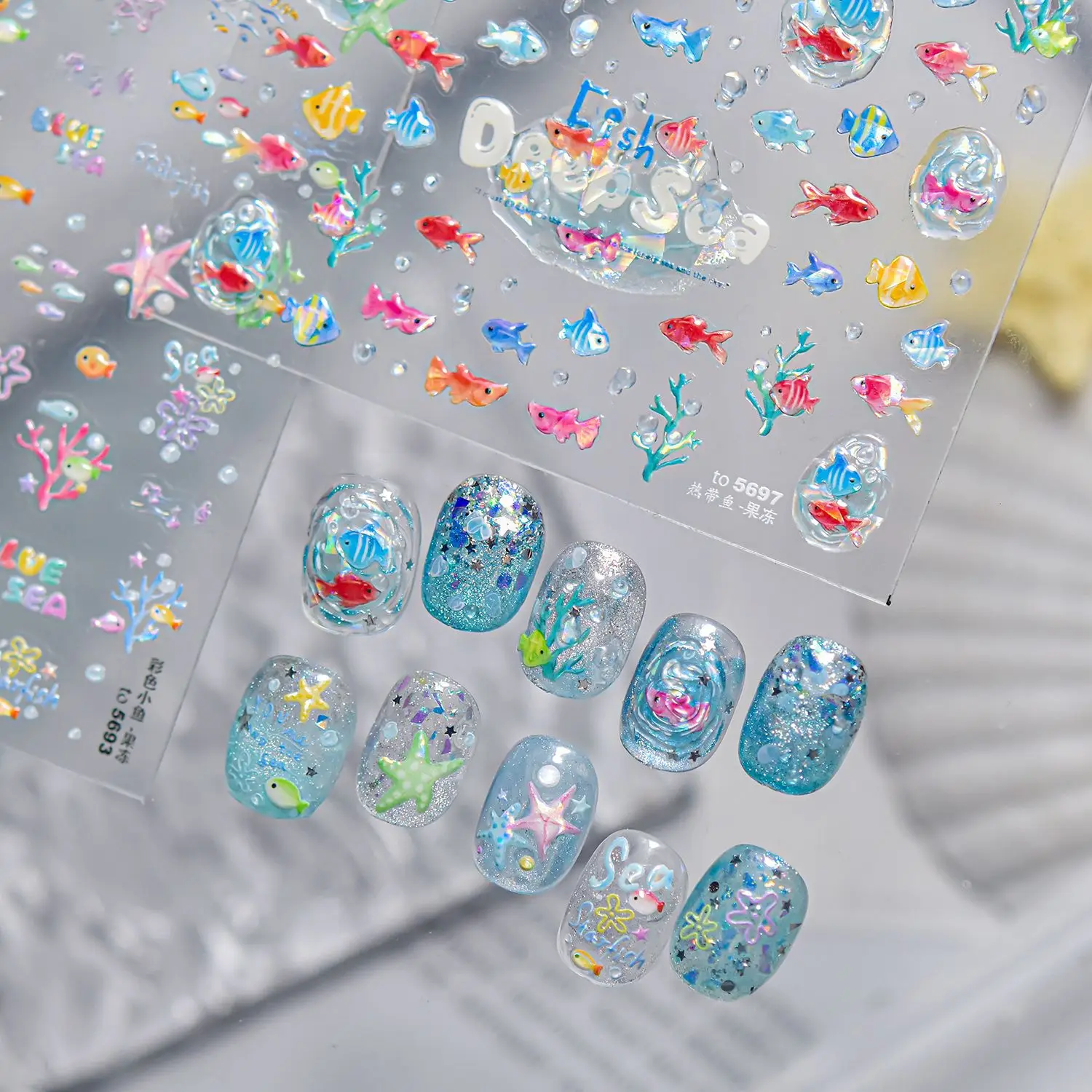 Cute Pink Tropical Fish Nail Accessories Stickers 5D Jelly Ocean Bubble Nail Sticker Self Adhesive Nail Art Supplies Decorative