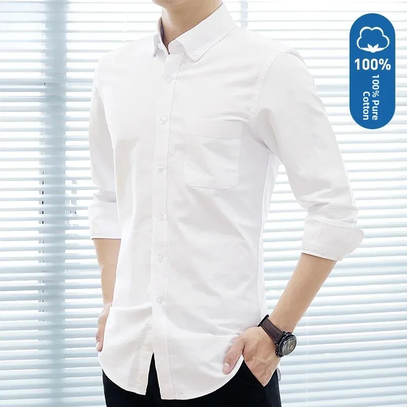 Spring Autumn Men's Long Sleeve Pure Cotton Oxford Weave White Shirt Casual Workwear Business Blue Outerwear Jacket for Youth