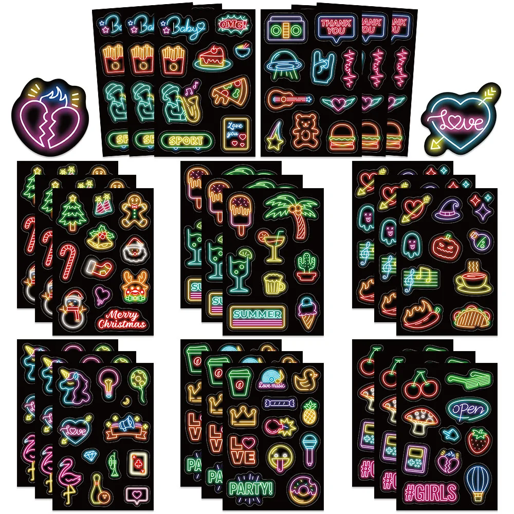 

8/16/32Sheets Cartoon Neon lights Things DIY Puzzle Stickers For Phone Dress Up Game Face Funny Assemble Stickers Kids Gifts