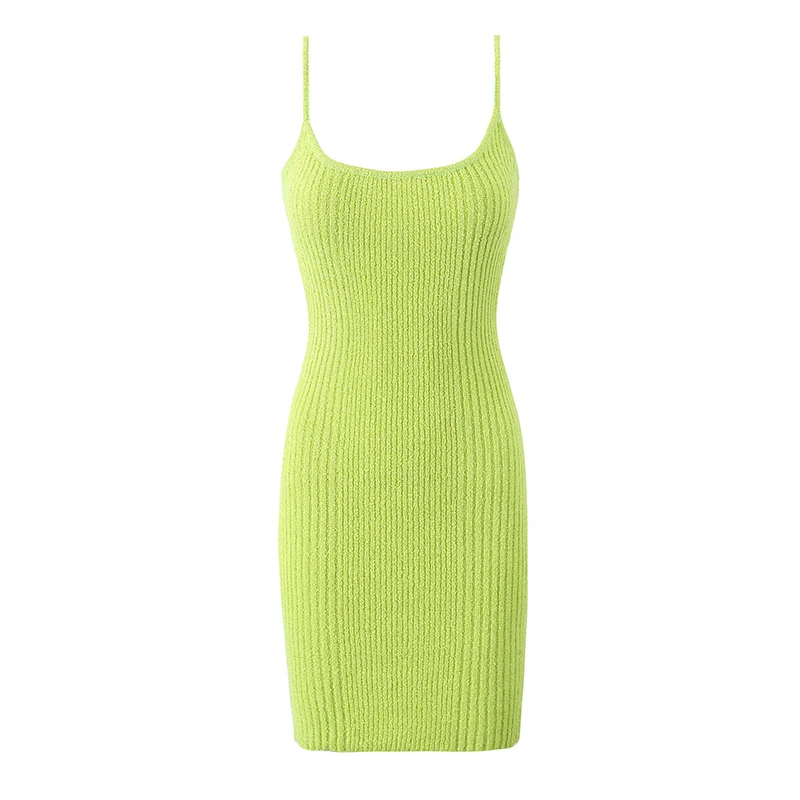 YENKYE Sexy Women Grass Green Slim Knit Dress Round Neck Sleeveless Bodycon Mini Robe