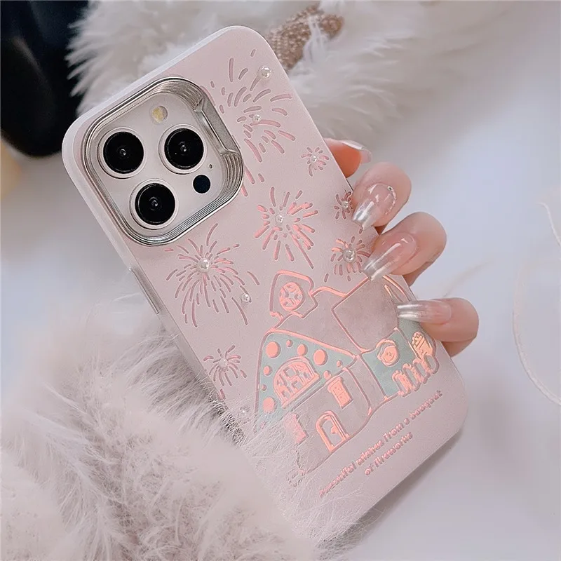 Lovebay Happy New Year Castle Fireworks Pink Laser Relif 3D Shockproof Phone Case for Iphone 12 13 14 15 Pro Max Soft Back Cover