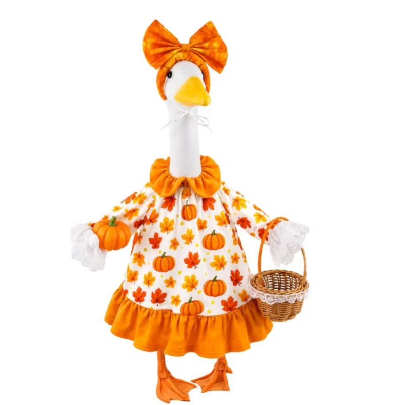 Fall Porch Goose Outfit 23 Inch Autumn Harvest Lawn Goose Costume Pumpkin Basket Slip-On Thanksgiving Yard Decor Accessories