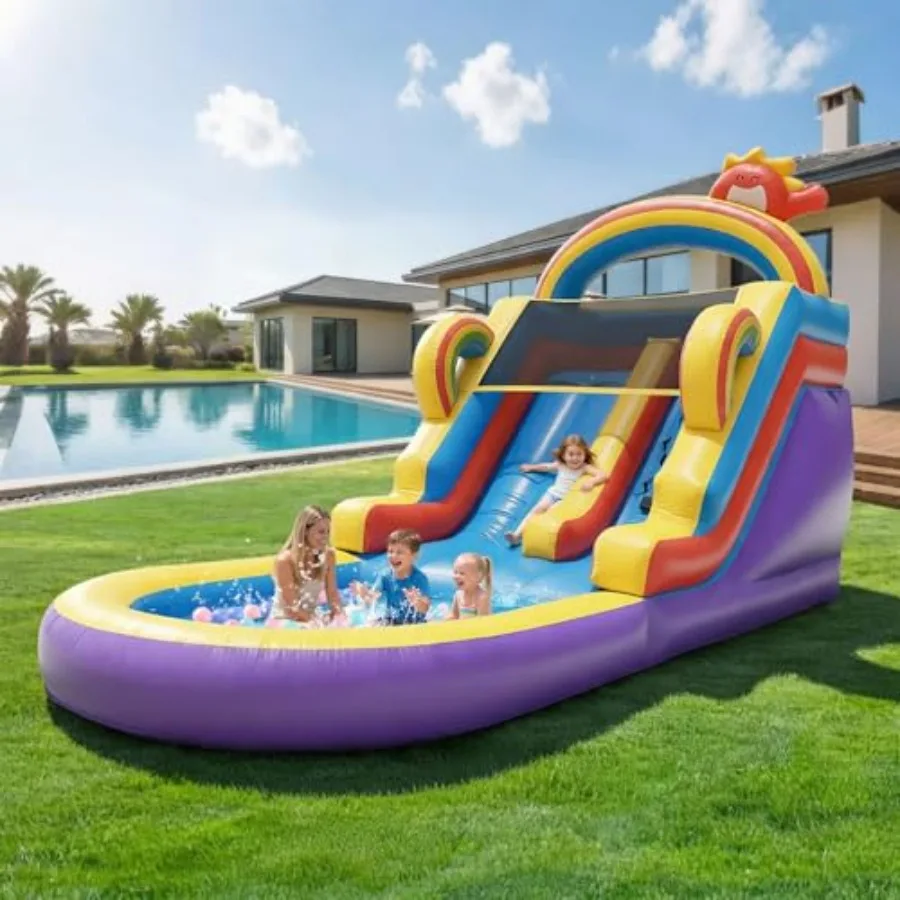 

21ft Giant Inflatable Water Slide with Large Pool Blower Heavy-Duty PVC Bounce Slide in Blue for Adults Family Outdoor Summer F