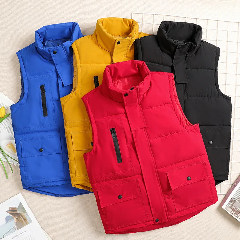Women Parkas Vest Stand Collar Sleeveless Parks Vests Zipper Spliced Patchwork Pockets Outerwear Casual 2025 Winter Loose