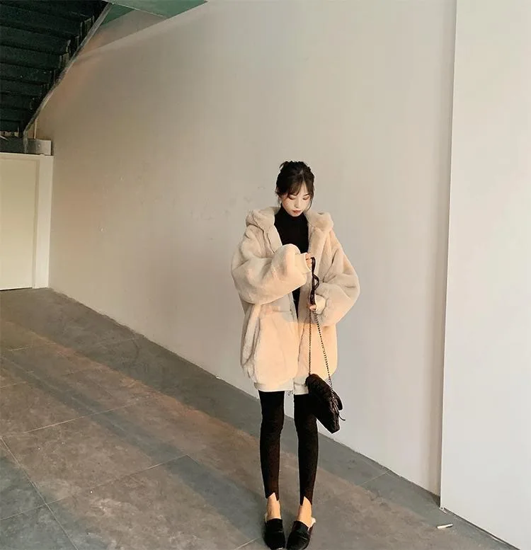 Women Faux Rabbit Fur Coats Solid Fur Jackets Pokcet Zipper Hooded Cotton Linen Long Sleeves Loose Fit Casual 2026 Autumn Winter