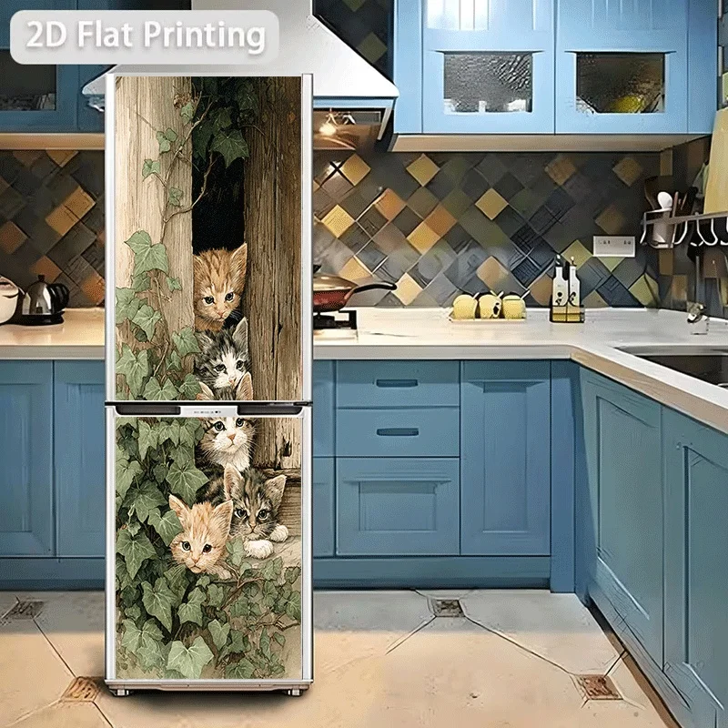 Refrigerator Sticker, Refrigerator and Dishwasher Sticker, Little Kitten Peeking Behind the Door Themed Design, Self-Adhesive