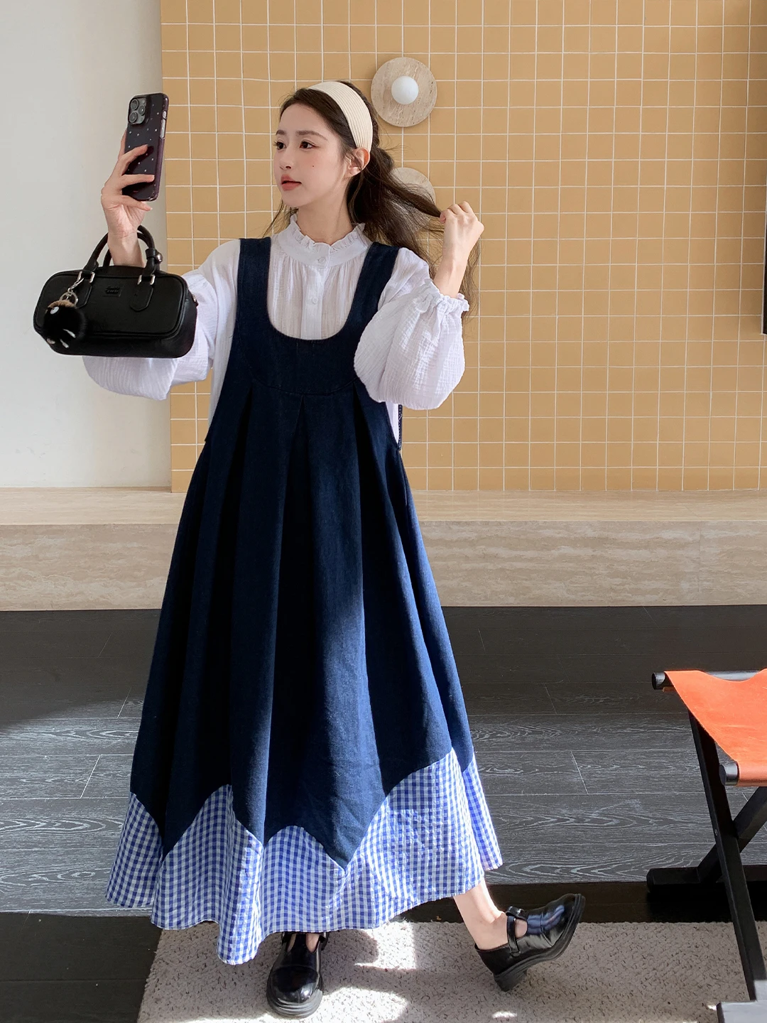 

Модный женский комплект из двух предметов: свободная джинсовая рубашка с рукавами-фонариками и повседневный костюм для весны, новый стиль, омолаживающий эффект