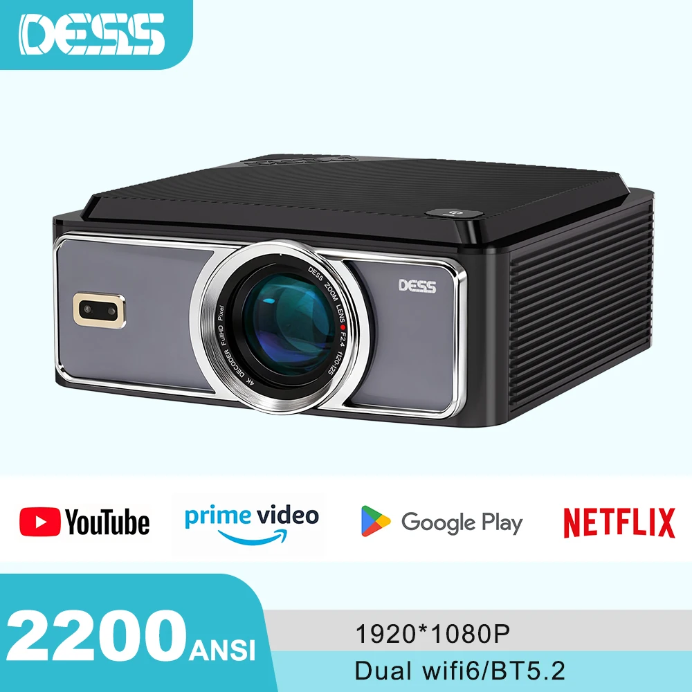 

DESS Full HD Projector 4K 1080P 2500NASI Dual Band Wifi 6 BT5.2 Portable Projector Office Home Android Cinema 3D Smart Projector