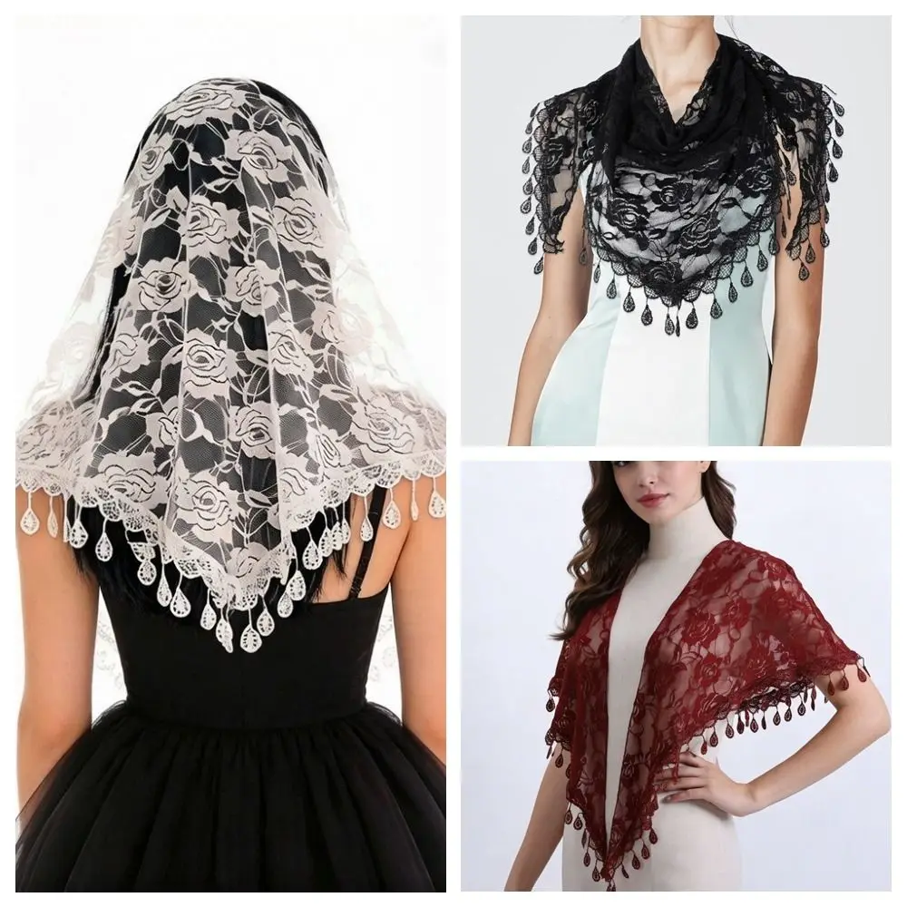 Cute Sun Protection Lace Scarf Colorful with Tassel Printed Wraps Turban Hair Accessories Flower Triangle Headband Church