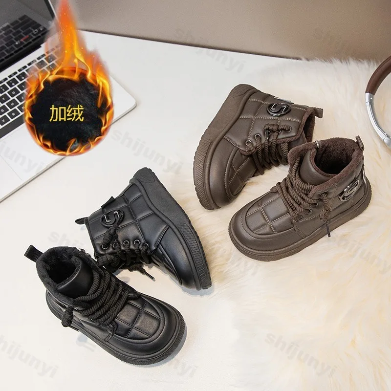 Sepatu Bot Salju Anak Laki-laki Musim Dingin 2025, Model Tinggi, Berbahan Plush Hangat, Sol Tebal, Katun, Fashionable, Serbaguna, Nyaman, dan Kokoh