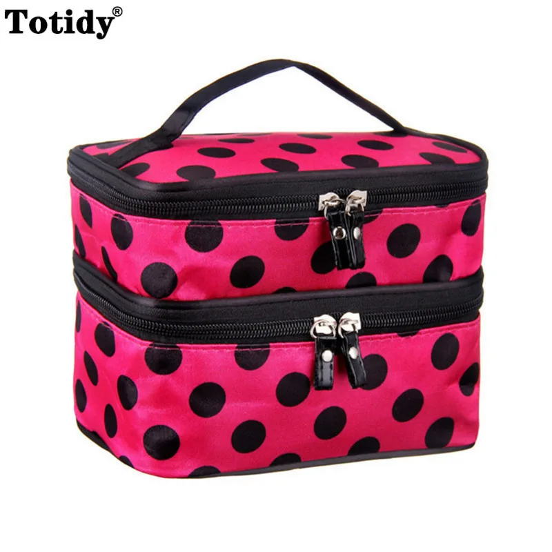 

New Cute Polka Dot Double Layer Cosmetic Bag Women Travel Bag Large Capacity Laptop Storage Bag Makeup Organizer Bags