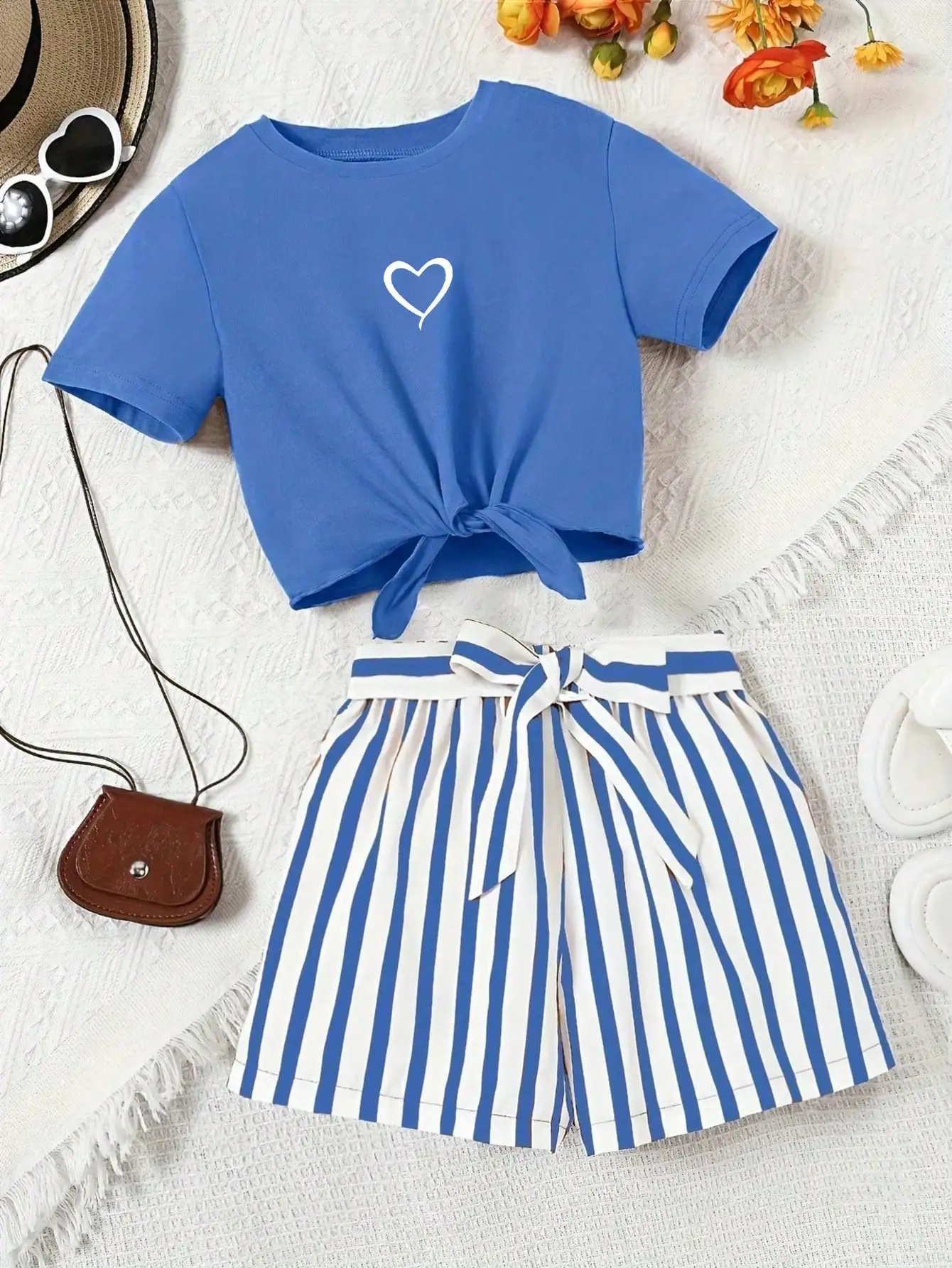 Women's casual daily short sleeved love printed+striped printed shorts 2-piece set with random belt striped children's clothing