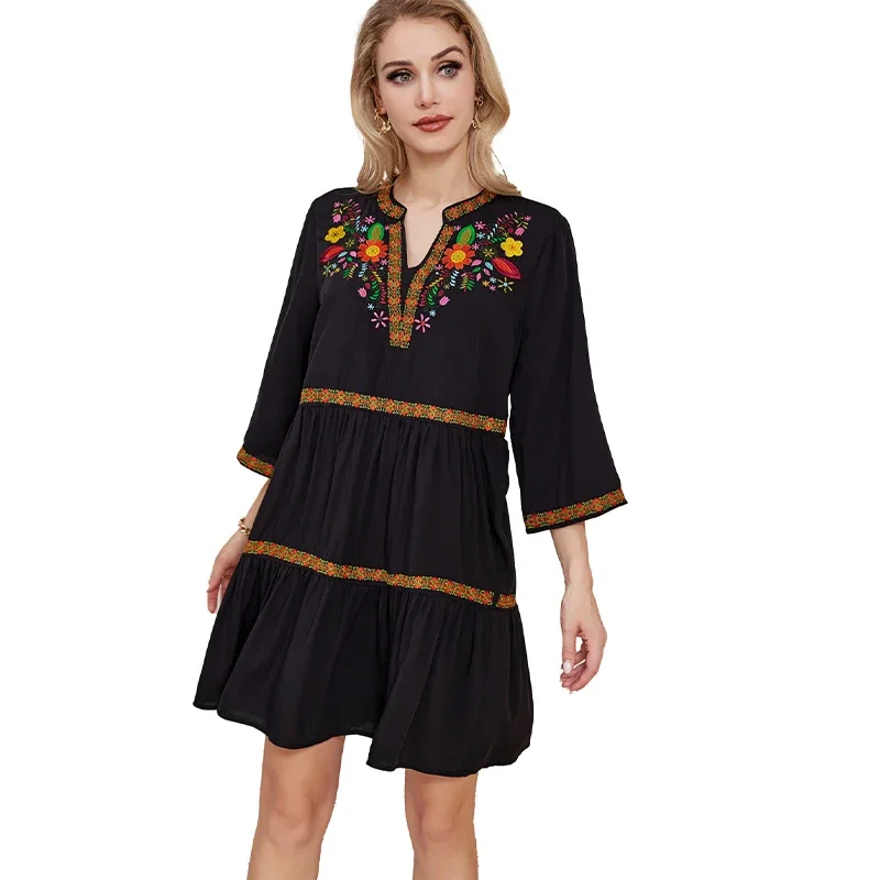 Eaeovni Women\'s Mexican Embroidered Dress Summer Peasant Style Floral Dresses Traditional Fiesta Skirts for Women