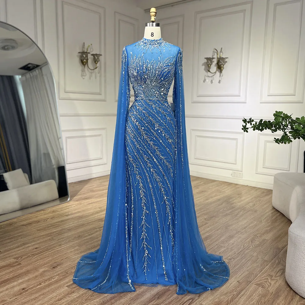 Serene Hill 2024  Dubai Blue Mermaid Evening Gowns with Cape Sleeves and Beaded Lace for  Party LA71885A Customized