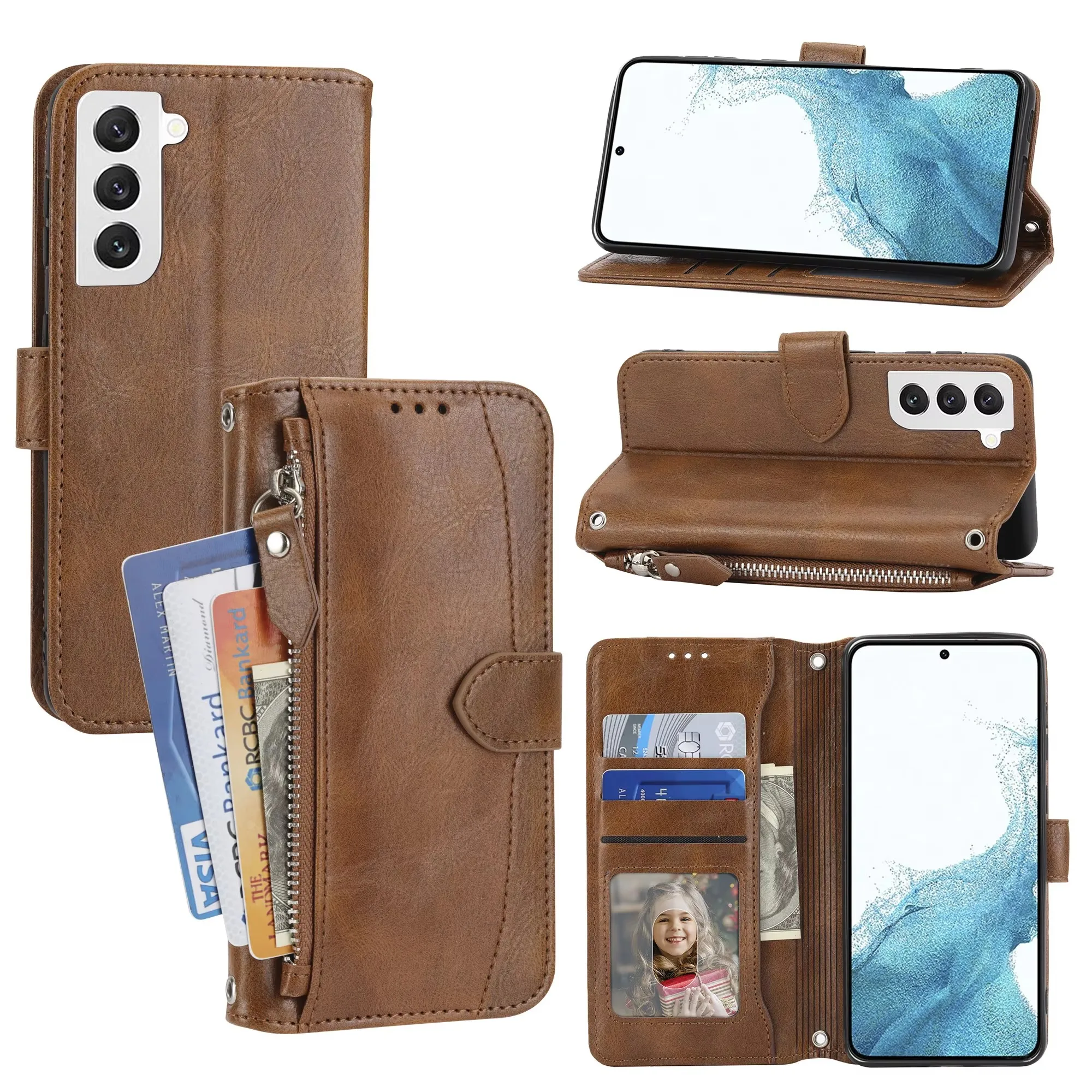 Fashion Zipper Wallet Case For Samsung Galaxy S21 S22 S23 S24 S24FE S24PLUS S24ULTRA MaxBag Flip Card Faux Leather Book Cover