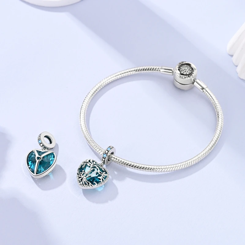 925 Sterling Silver Pendant Family Tree Of Life Green Blue Heart Shape Charm Fit Original Bracelet Making For Woman Jewelry