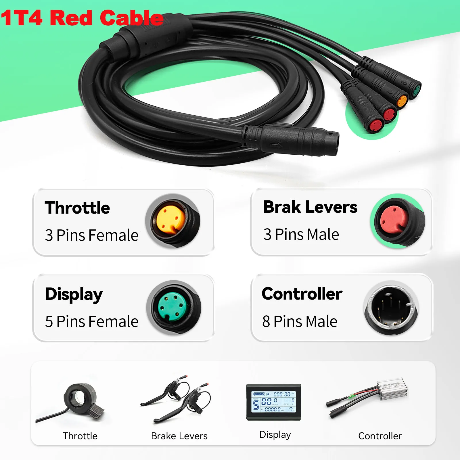 Electric Bicycle Waterproof Cable 1T2/1T4/1T5 Cable Conversion Accessories Controller Light Ebrake Throttle Display