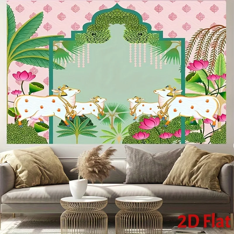 خطة ثنائية الأبعاد، قطعة واحدة، خلفية بقرة وردية ولوتس وردية - تصميم أنيق من الزهور الخضراء والوردية