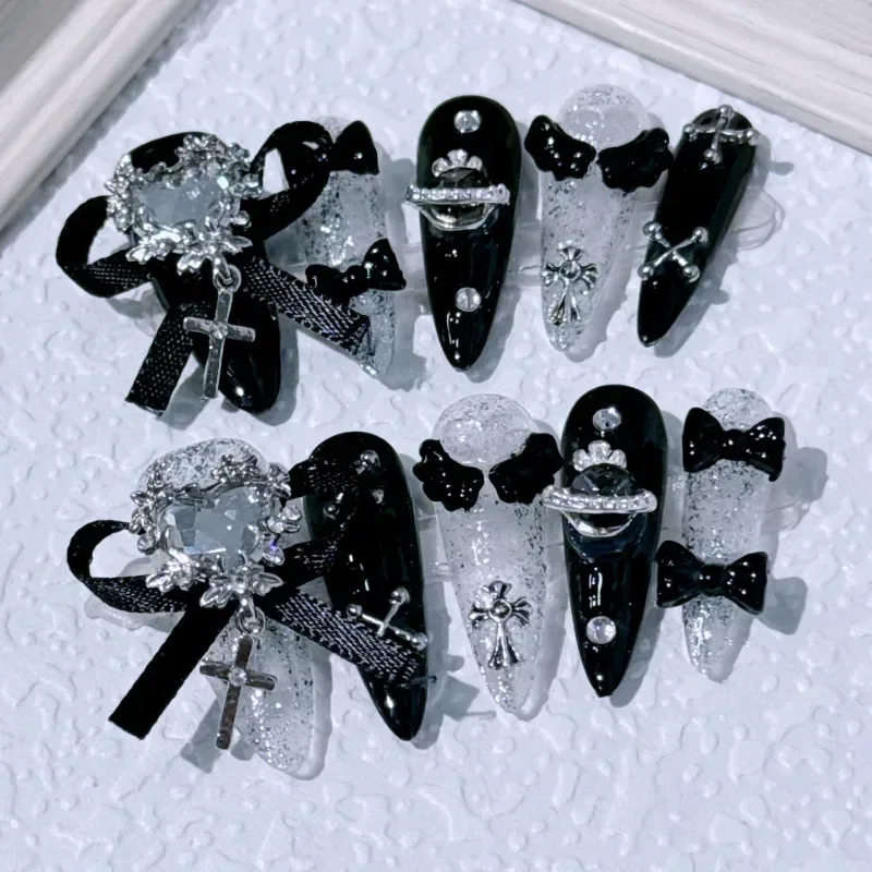 

Новые накладные ногти NewGoldcast ручной работы: черные с бантом, розовые, милые, длинные, многоразовые, с полным покрытием, для зимнего маникюра, с декором
