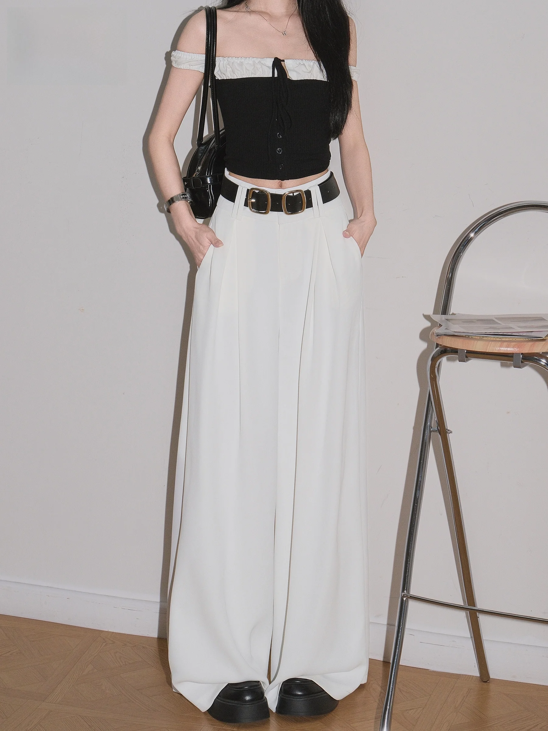 

White Ice Silk High Waist Suit Wide Leg Pants Women's Loose Drapey Straight Casual Trousers Summer New Style Elegant Feel
