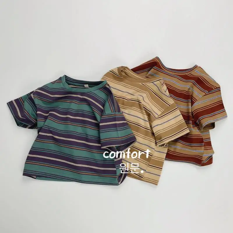 

2024 Summer Boy Girl Baby Retro Striped Short Sleeves T-shirt Loose Children Pullover Shirt Kids Casual Tops Toddler Cotton Tees