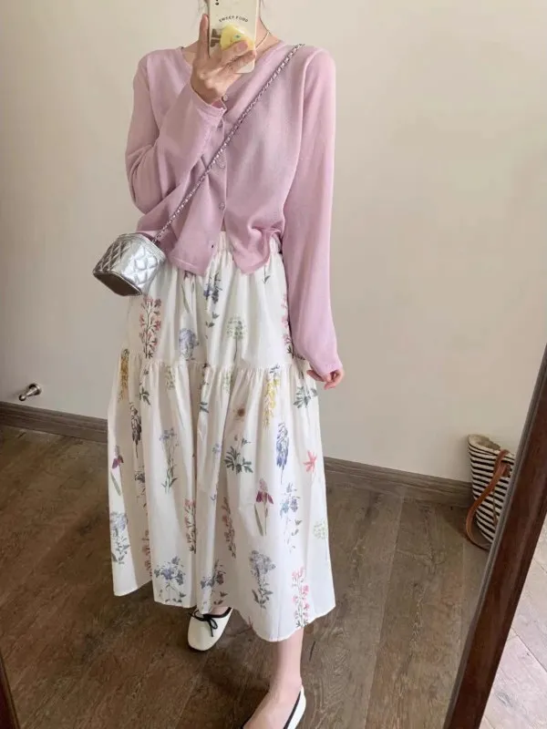 

Sweet Floral A-Line Elastic Waist White Pleated Midi Skirt Women's Summer New Sle Small Size Flower Pattern Skirts