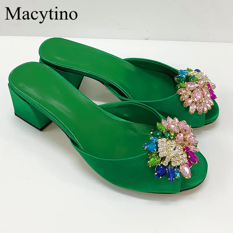 Gem Decoration Flower Design Ladies High Heel Slippers Round Toe Chunky Heel Low Heel Slippers Fashion Party Slippers