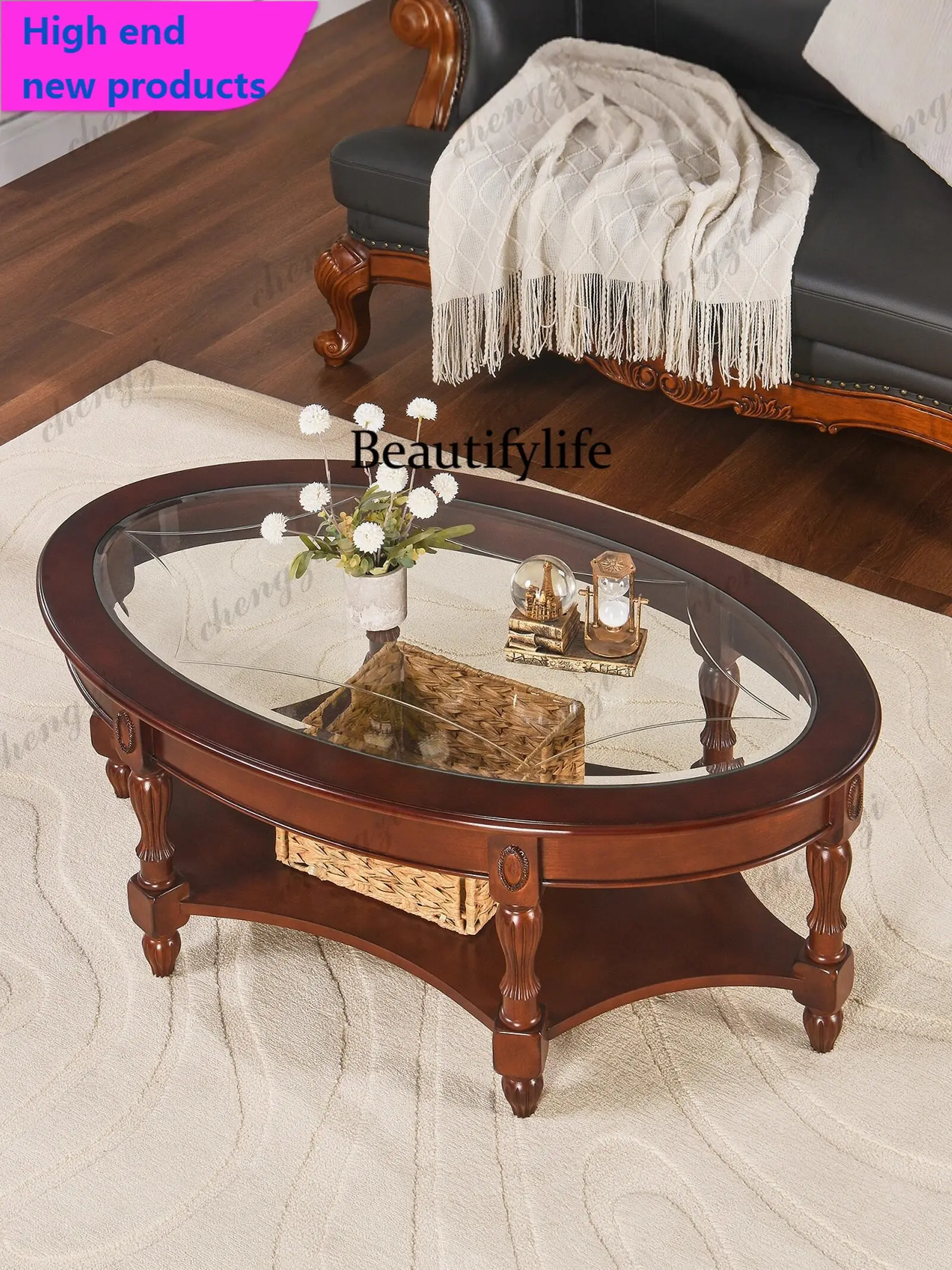 American-style solid wood coffee table, oval glass surface, living room, small studio tea table, tea tableA68