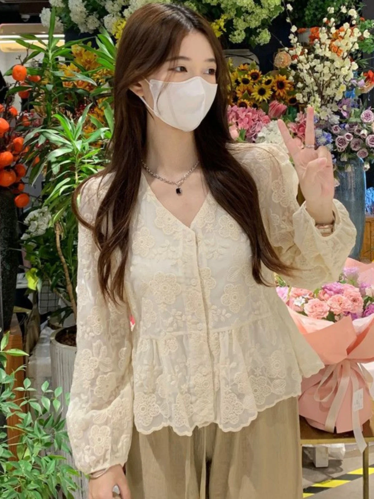 Ele V-Ne Long Sve irt Bellissimo top ingombrante in vita da donna Design all'inizio della primavera Camicetta delicata e di fascia alta