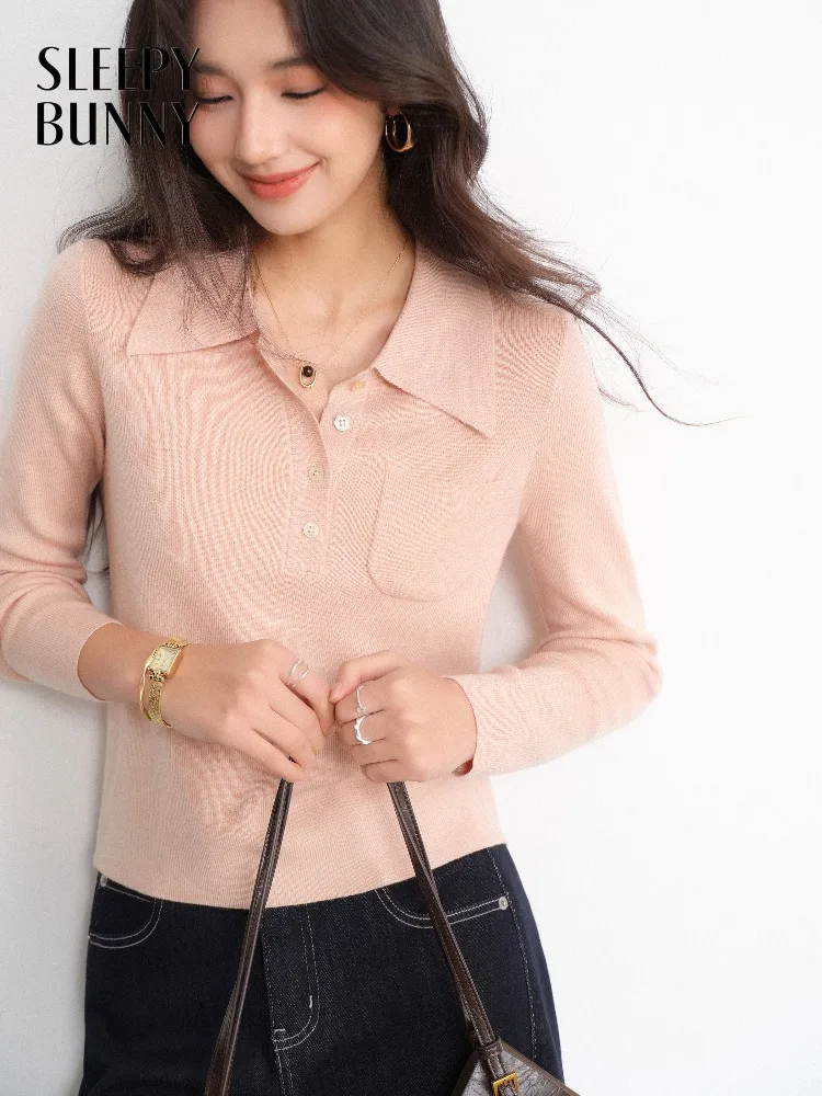 

Elegant Slim Fit Knit Polo Sweater Top Women Vintage Long Sleeve Pullover Soft Stretch Warm Winter Base Layer for Casual Wear