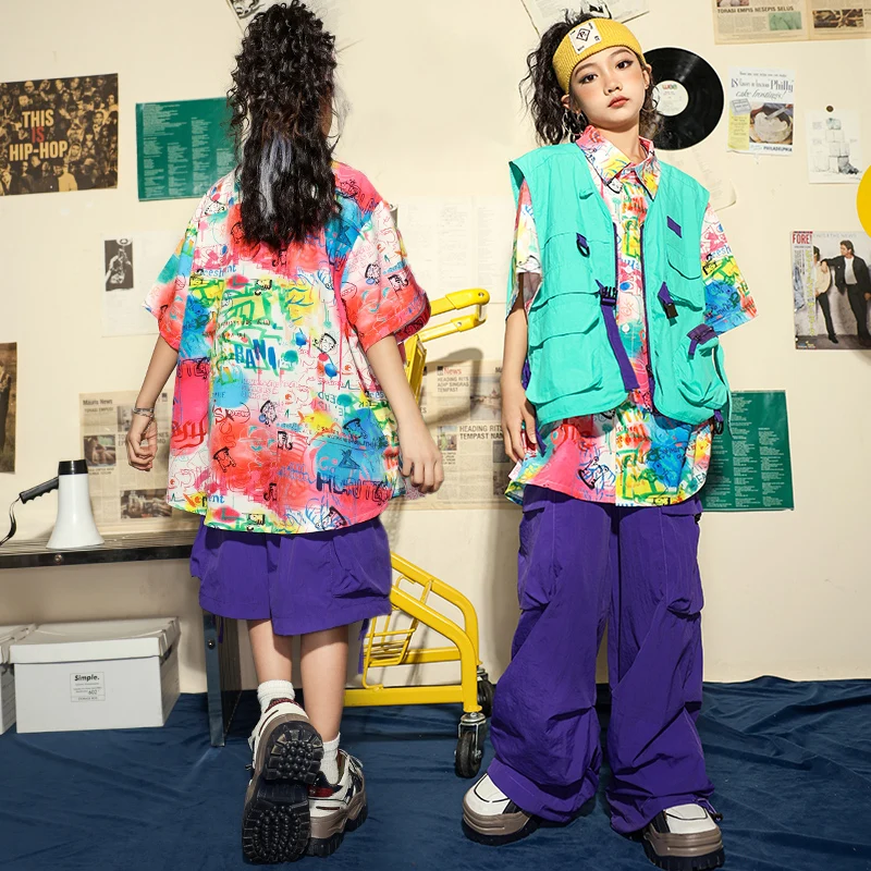 Kids Vintage Print Shirt e Street Wear Vestuário, Meninas, Meninos, Tops, Carga, Roxo, Calças Hip Hop, Criança, Roupas de dança Jazz