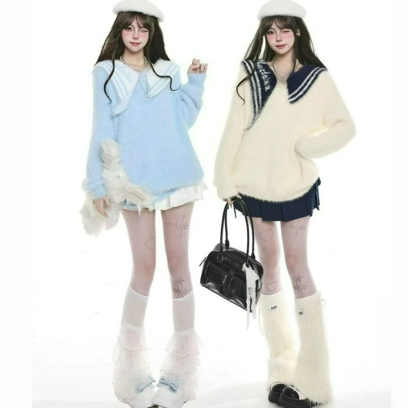 

New Fashion Pure Color Mink Fur Loose Warm Knitted Sweater 2026 Autumn/winter Korean School Style Navy Neck Sweater for Women