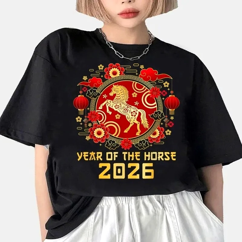 2026 Year of The Fire Horse Chinesse New Year Graphic T Shirts Casual Crewneck Print Tee Family Party Clothing Unisex Summer Top