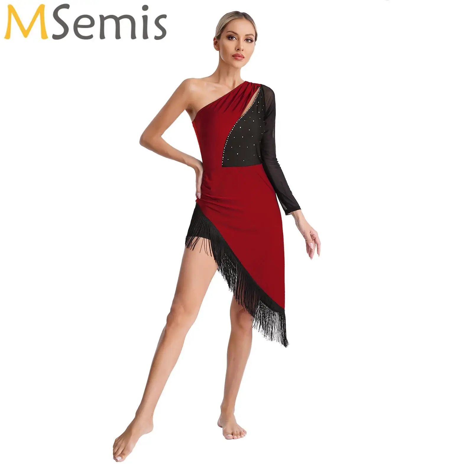 Women Latin Dance Dress One Shoulder Fringe Irregular Hem Ballroom Salsa Tango ChaCha Rumba Samba Dancewear Competition Costumes